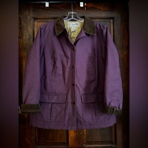 LL Bean Womens Barn Chore Coat Jacket Corduroy Trim Button Up Purple Size Med P